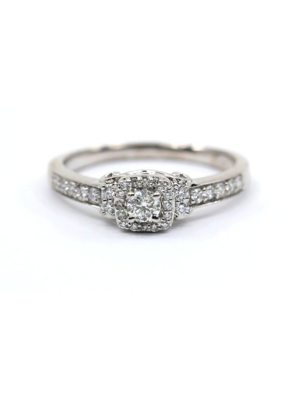 VEER 14K Solid White Gold Round Diamond Halo Pave Engagement Ring - Size 10